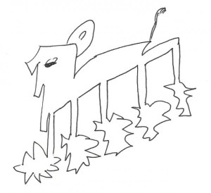 Hond met omgedraaide bomenrij